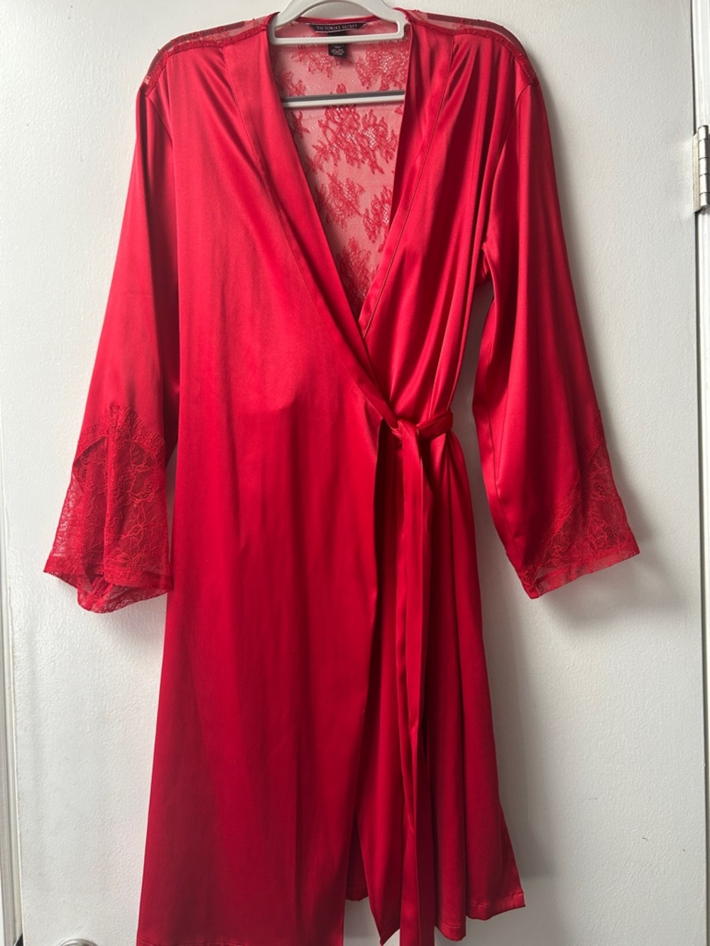 Victoria's Secret Red Satin Lace-Trim Wrap Robe With Pockets